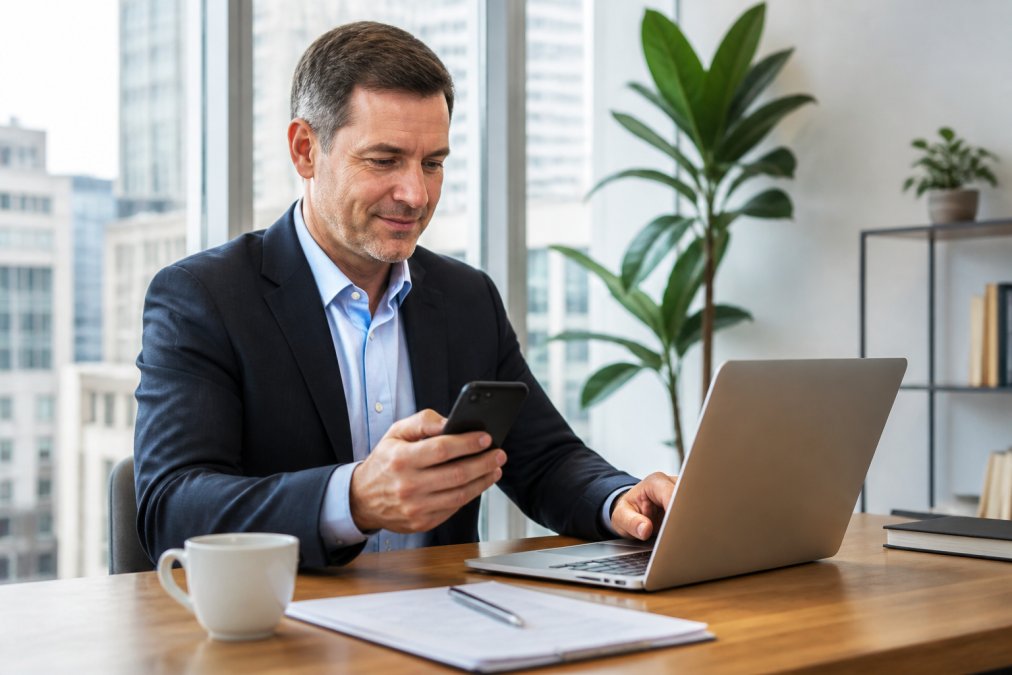 Geschäftsperson hält Smartphone und sitzt vor Laptop mit Online-Banking-Bildschirm, modernes helles Büroumfeld mit Pflanzen und Fensterblick