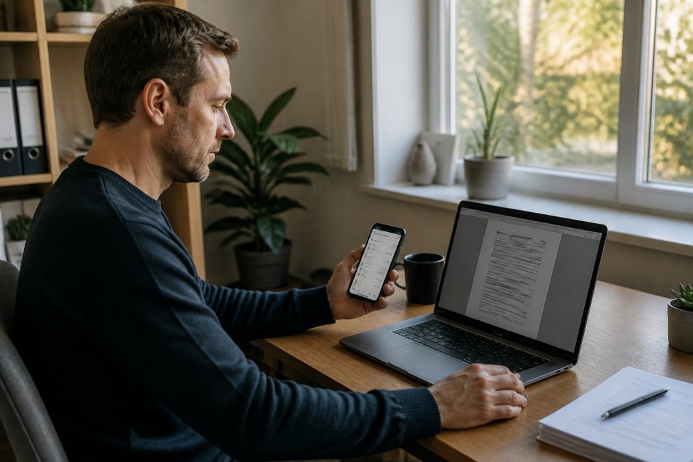 A German entrepreneur sitting at a desk in a home office, reviewing LLC formation documents on a laptop screen while holding a smartphone showing a banking app interface, warm afternoon light through the window