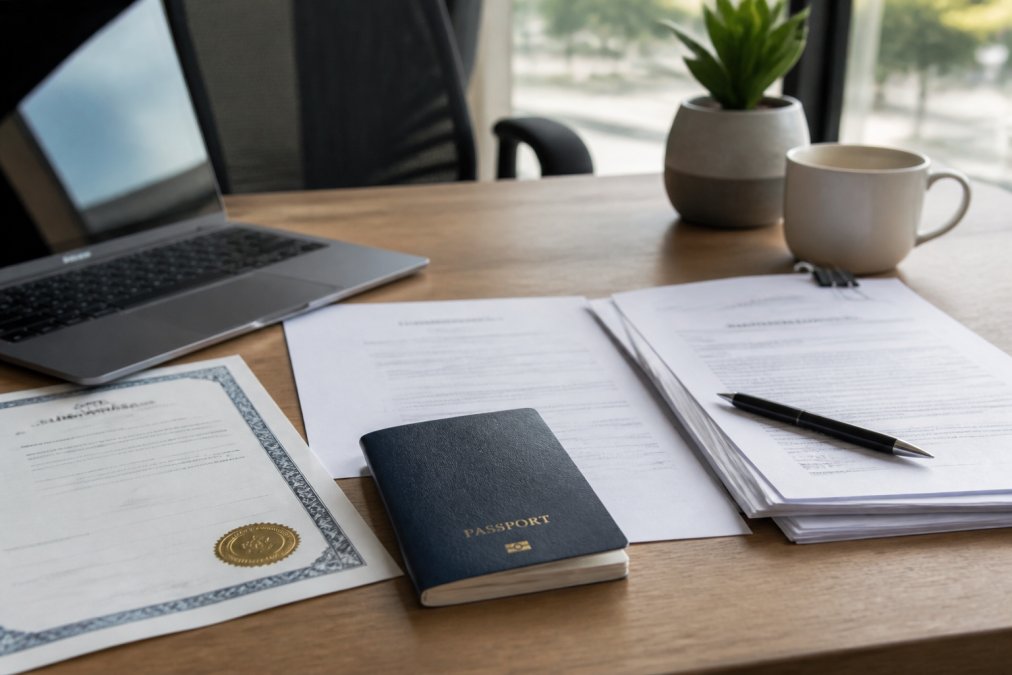 Nahaufnahme eines Schreibtisches mit Reisepass, ausgedruckten Unternehmensdokumenten und einem aufgeklappten Laptop, der eine Bankenwebsite zeigt, ordentlich auf einer Holzoberfläche arrangiert