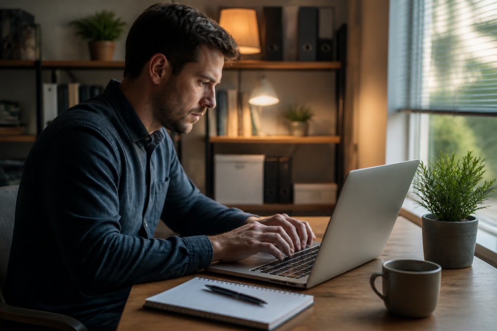 Person sitzt an einem Heimarbeitstisch und füllt konzentriert eine Online-Bankkontoeröffnung auf einem Laptop aus, mit einem Notizblock und Kaffee in der Nähe, warmes Bürolicht