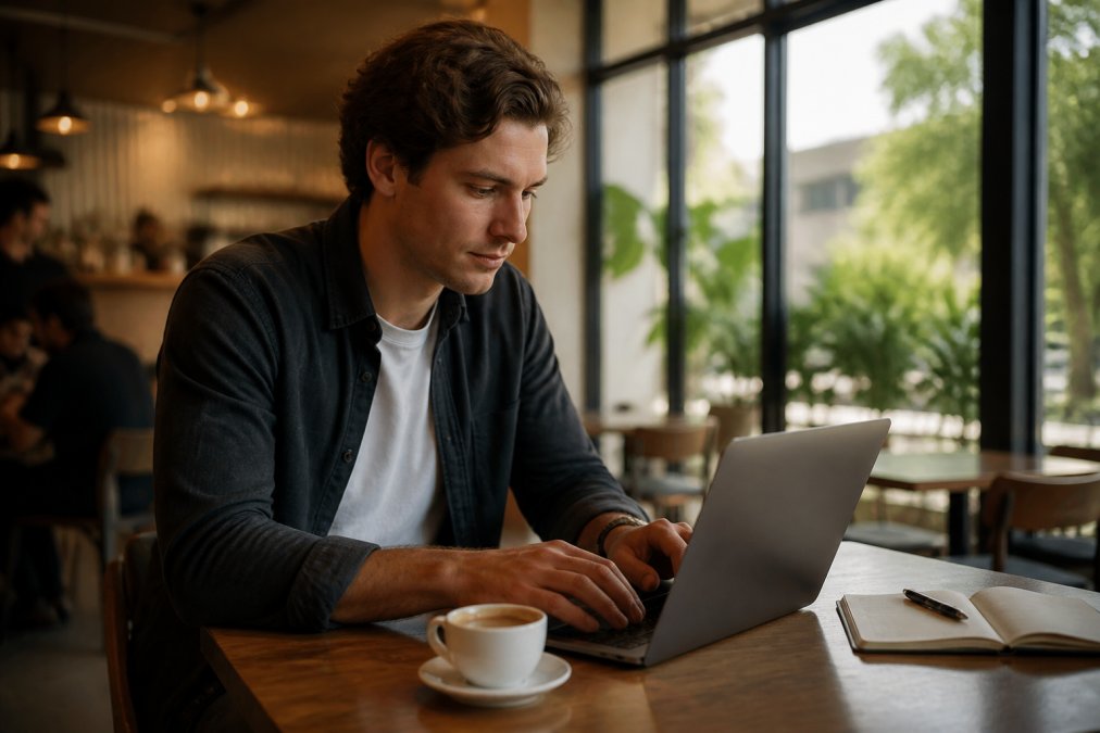 Digitaler Nomade arbeitet konzentriert an einem Laptop in einem modernen Café, mit Kaffee und Notizbuch auf dem Tisch, natürliches Tageslicht fällt durch große Fenster