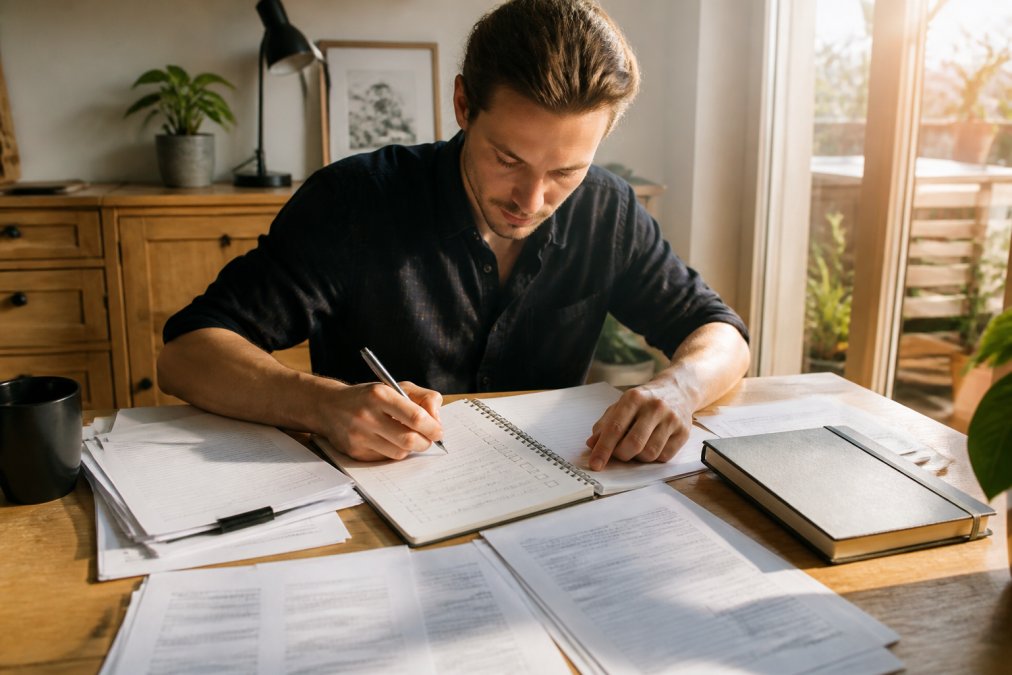 Geschäftsperson sitzt konzentriert am Schreibtisch mit mehreren Dokumenten, Laptop und handschriftlicher Checkliste, natürliches Licht von rechts