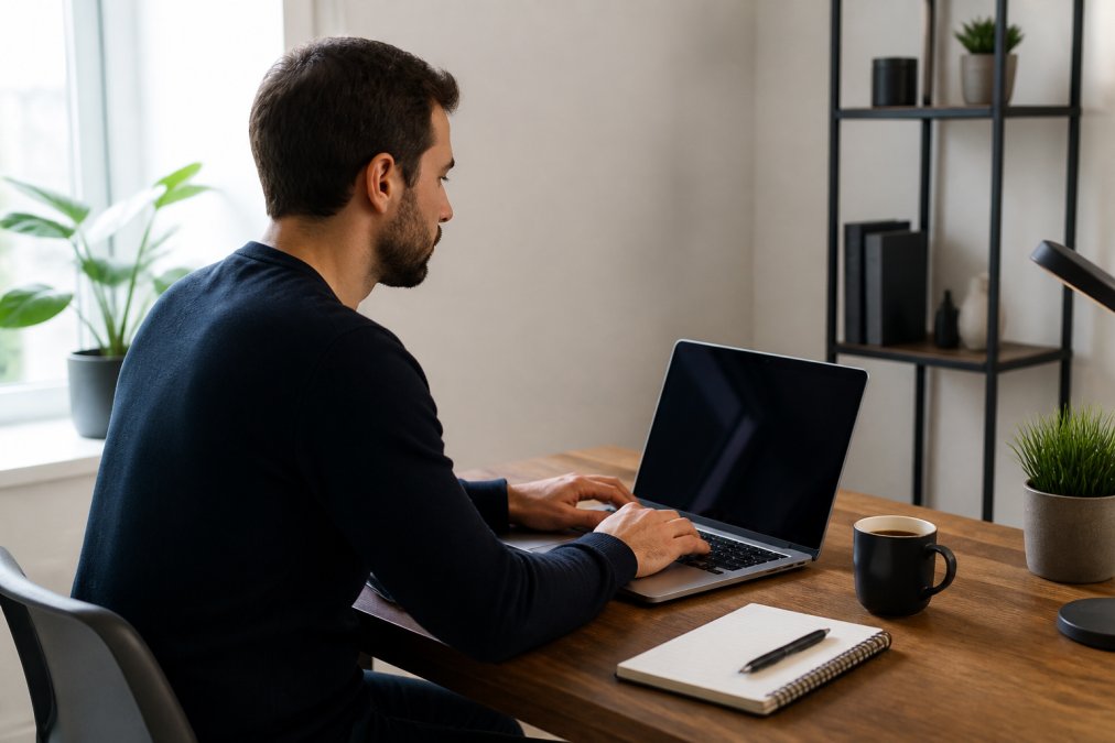 Unternehmer sitzt am Laptop und arbeitet an der Gründung einer US-LLC, Bildschirm zeigt ein Gründungsformular, Schreibtisch mit Notizbuch und Kaffee im modernen Homeoffice