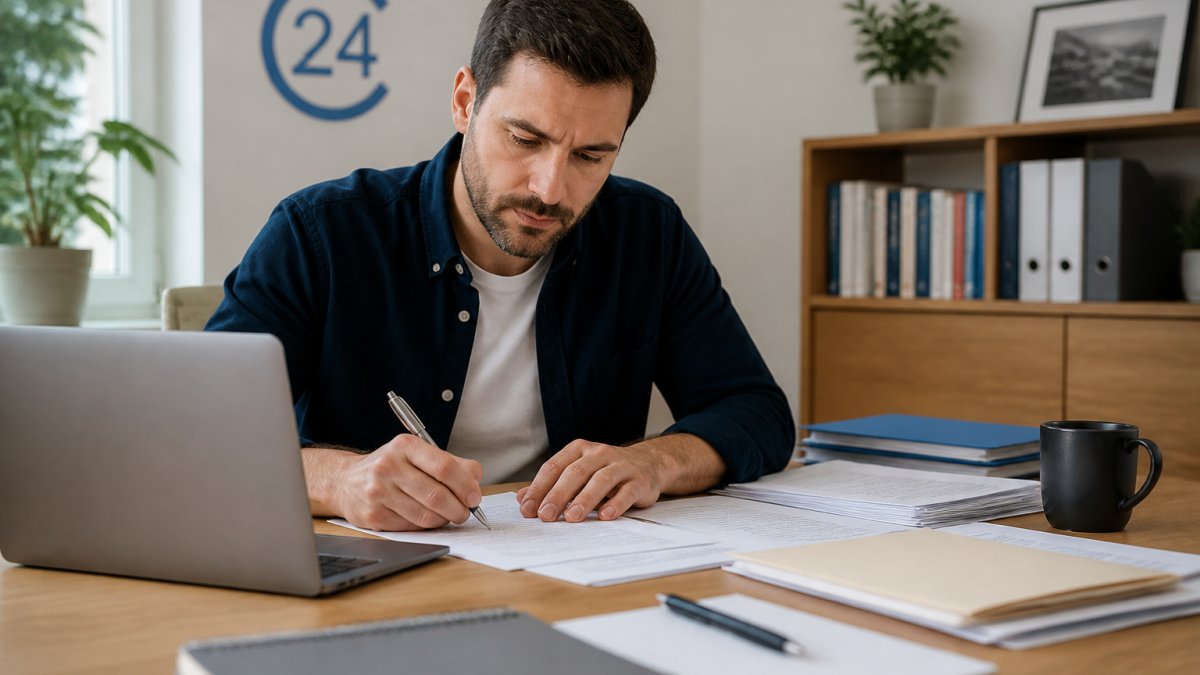 Entrepreneur at desk with laptop, documents, and coffee, concentrating on US LLC formation documents and business planning materials in modern home office
