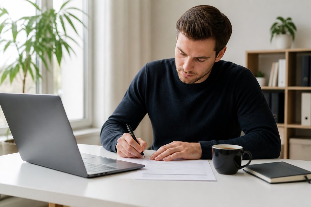 Ein Unternehmer sitzt an einem hellen Schreibtisch, vor ihm ein Laptop mit einem Gründungsformular, daneben ein Kaffee und ein Notizbuch mit Stift