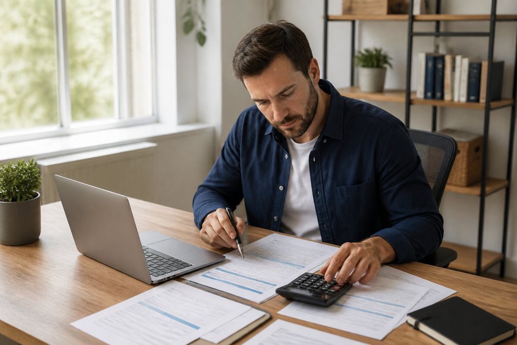 Ein fokussierter Unternehmer sitzt in einem modernen Homeoffice, vor ihm ein Laptop mit Tabellenkalkulation, daneben ein Taschenrechner und ausgedruckte Finanzdokumente, natürliches Tageslicht fällt durch das Fenster