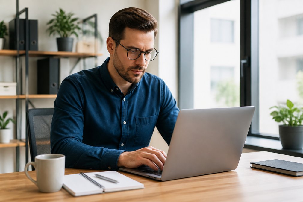 Unternehmer sitzt am Laptop und füllt digitale Gründungsformulare aus, Kaffee und Notizbuch auf dem Schreibtisch, helles Büro mit großem Fenster im Hintergrund