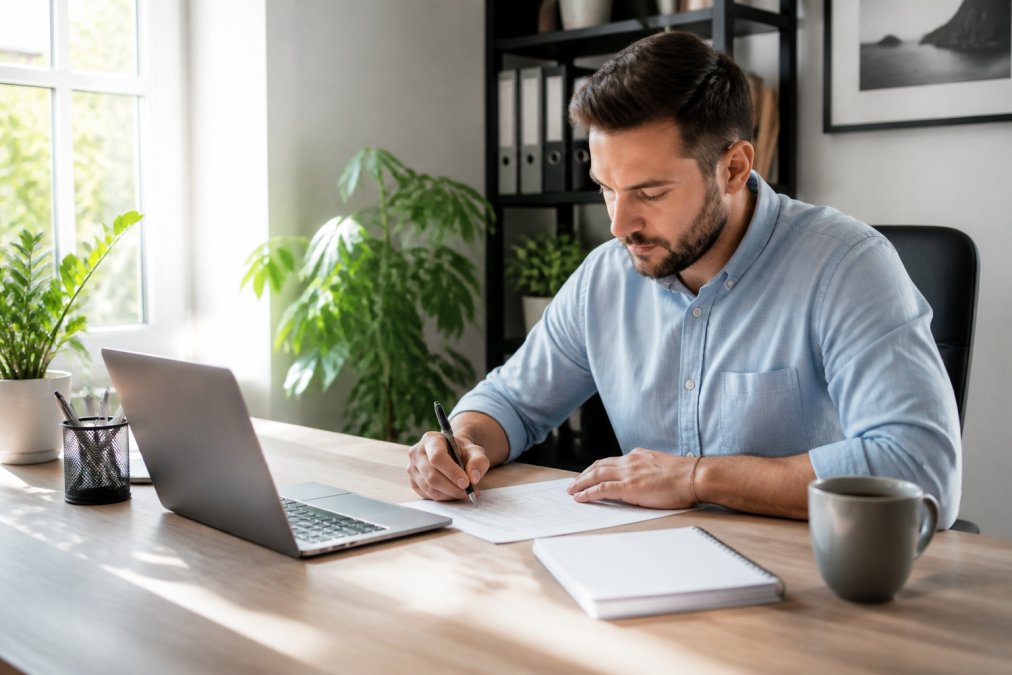 Unternehmer sitzt an seinem Schreibtisch vor einem Laptop und füllt online Gründungsdokumente aus, Notizbuch und Kaffee daneben, natürliches Licht von links