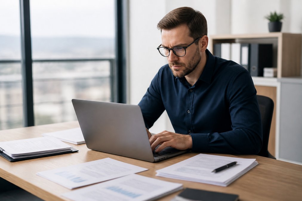 Unternehmer arbeitet konzentriert am Laptop, um die US LLC Haftungstrennung bei der Firmengründung zu prüfen.