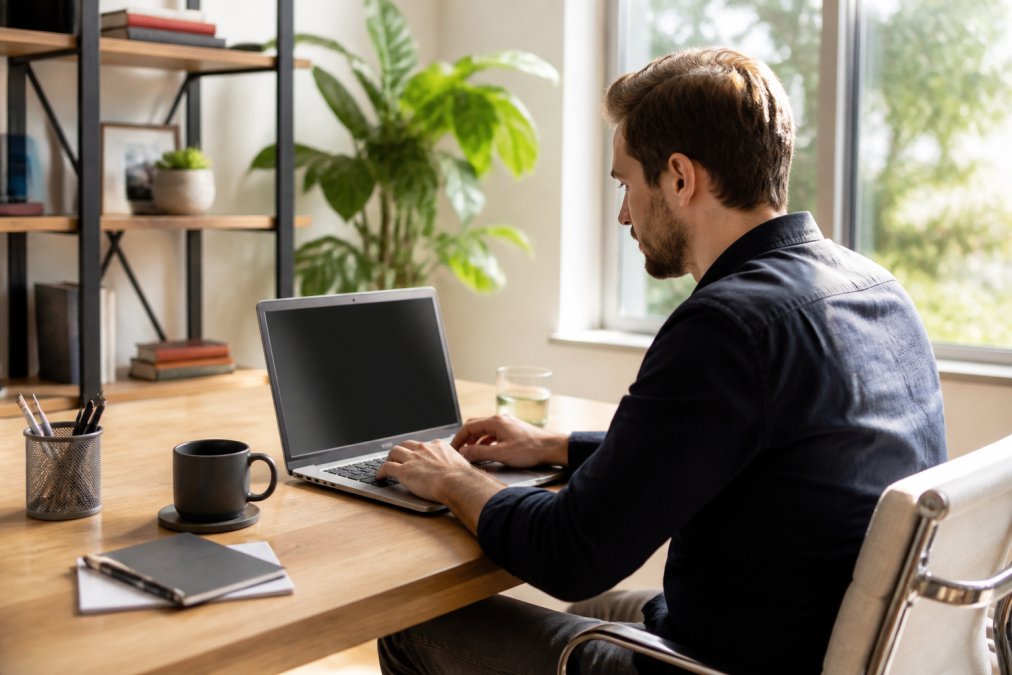 Person sitzt an einem aufgeräumten modernen Schreibtisch, Laptop geöffnet mit einem Online-Formular, Kaffeetasse daneben, natürliches Tageslicht durch ein Fenster, konzentrierter Blick auf den Bildschirm