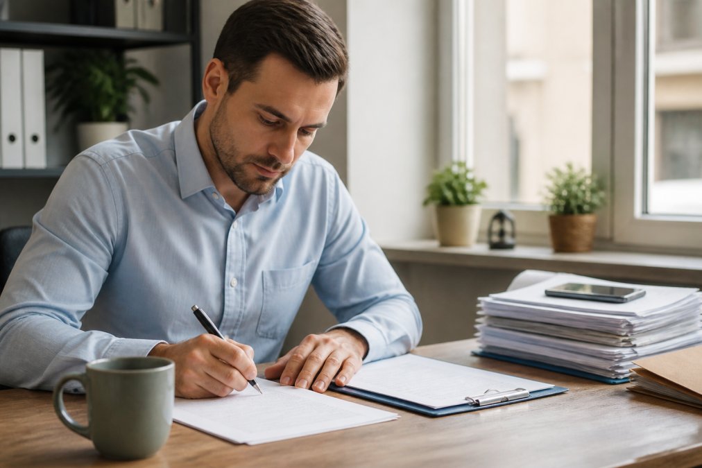Entrepreneur working at laptop, filling out online forms with documents and coffee on desk, natural office lighting