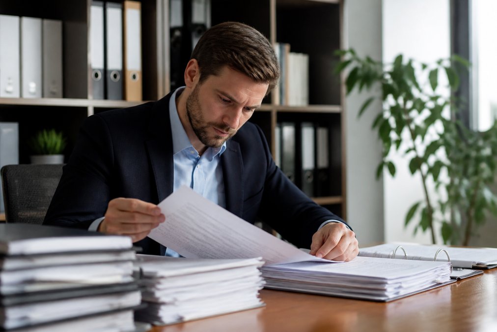 Business professional reviewing documents and tax returns at modern workspace with organized files