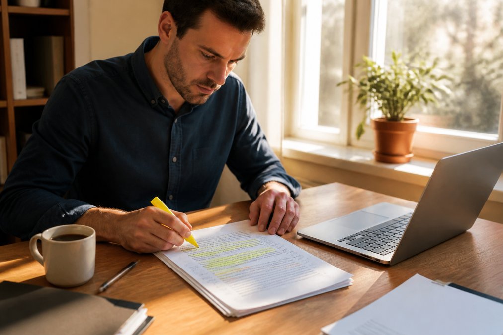 Gründer am Schreibtisch geht ein ausgedrucktes Operating Agreement mit Textmarker und Randnotizen durch, Laptop mit geöffneter Vorlage daneben, warmes Nachmittagslicht durch ein Fenster