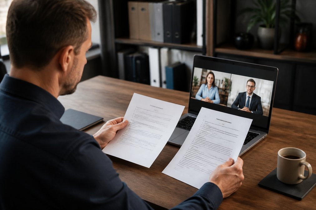 Ein Unternehmer sitzt an einem modernen Schreibtisch und vergleicht zwei Dokumente, die die Gründungsunterlagen einer deutschen GmbH und einer US LLC darstellen, daneben ein Laptop mit einer Videokonferenz