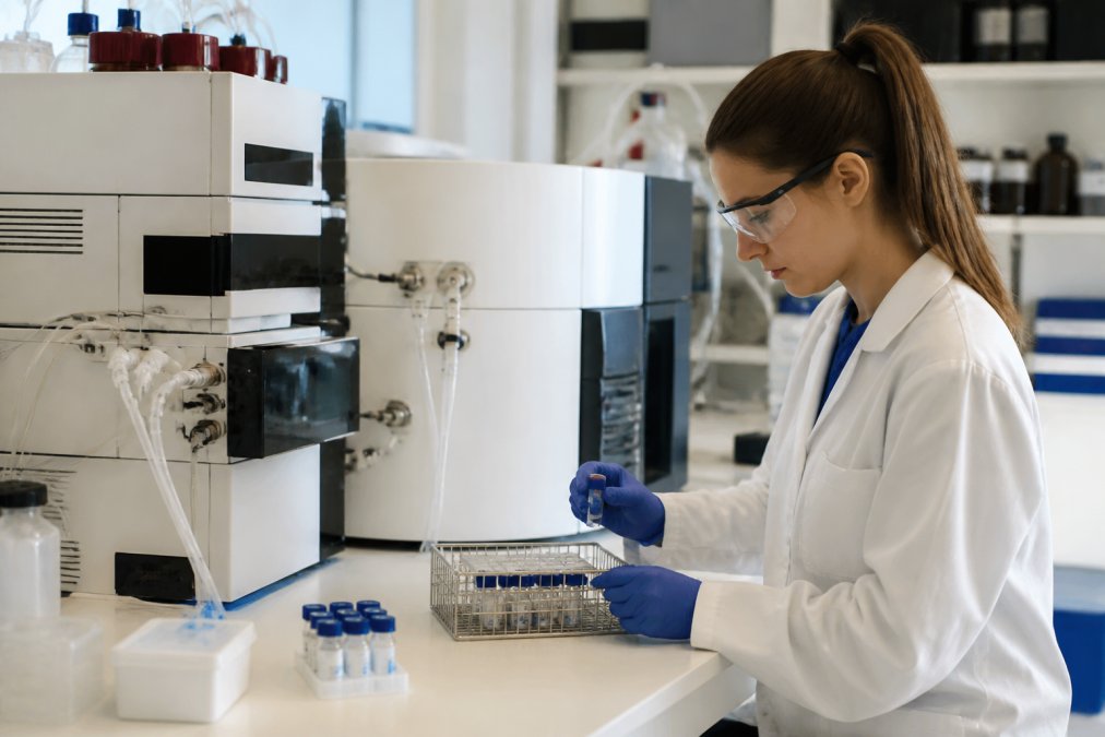 Laboratory technician operating HPLC equipment with sample vials and analytical instruments visible on the bench, modern laboratory lighting