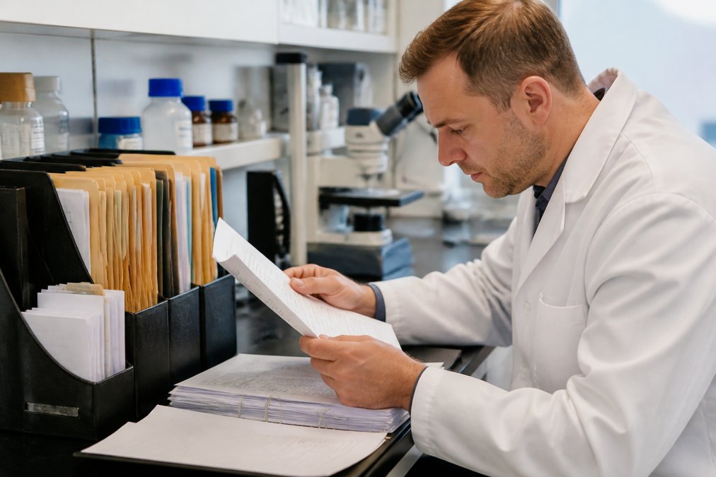 Researcher reviewing documentation and certificates of analysis at a laboratory desk with organized file folders and computer