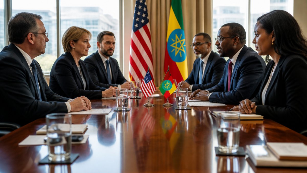 Professional diplomats in formal business attire seated at a polished conference table during bilateral negotiations, with flags displayed and natural window lighting illuminating the room