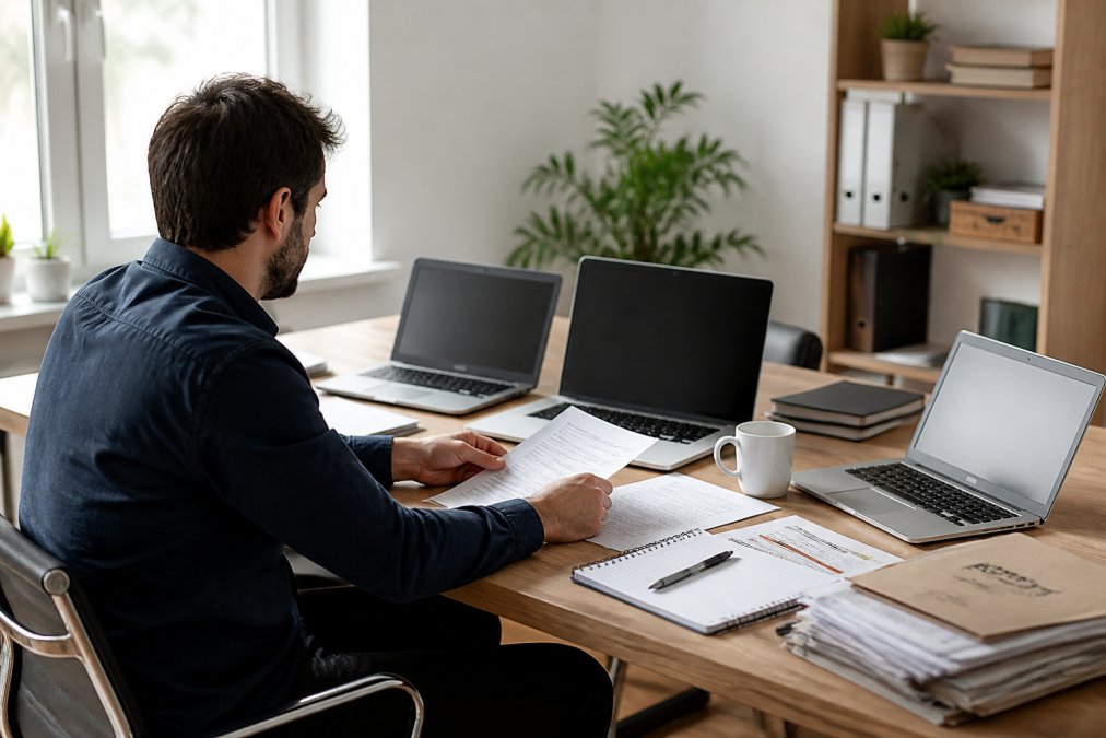 Unternehmer am Schreibtisch mit mehreren Laptops und Dokumenten, der verschiedene E-Commerce-Shops auf den Bildschirmen verwaltet, mit geordneten Papieren und Kaffeetasse