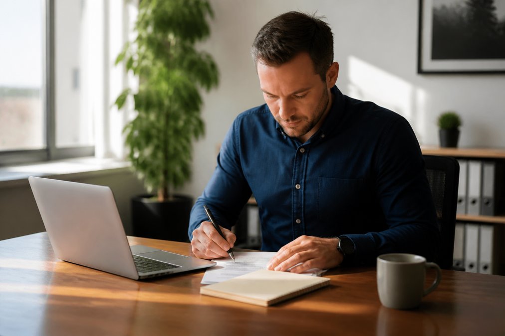Unternehmer füllt am Laptop Online-Formulare aus, um eine Series LLC gründen ohne Notar zu können.