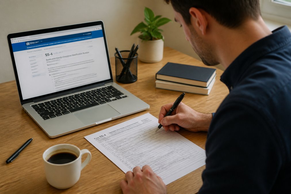 A person at a tidy home office desk filling out a tax form on paper, laptop open beside it showing an official website, coffee cup and pen nearby, natural daylight