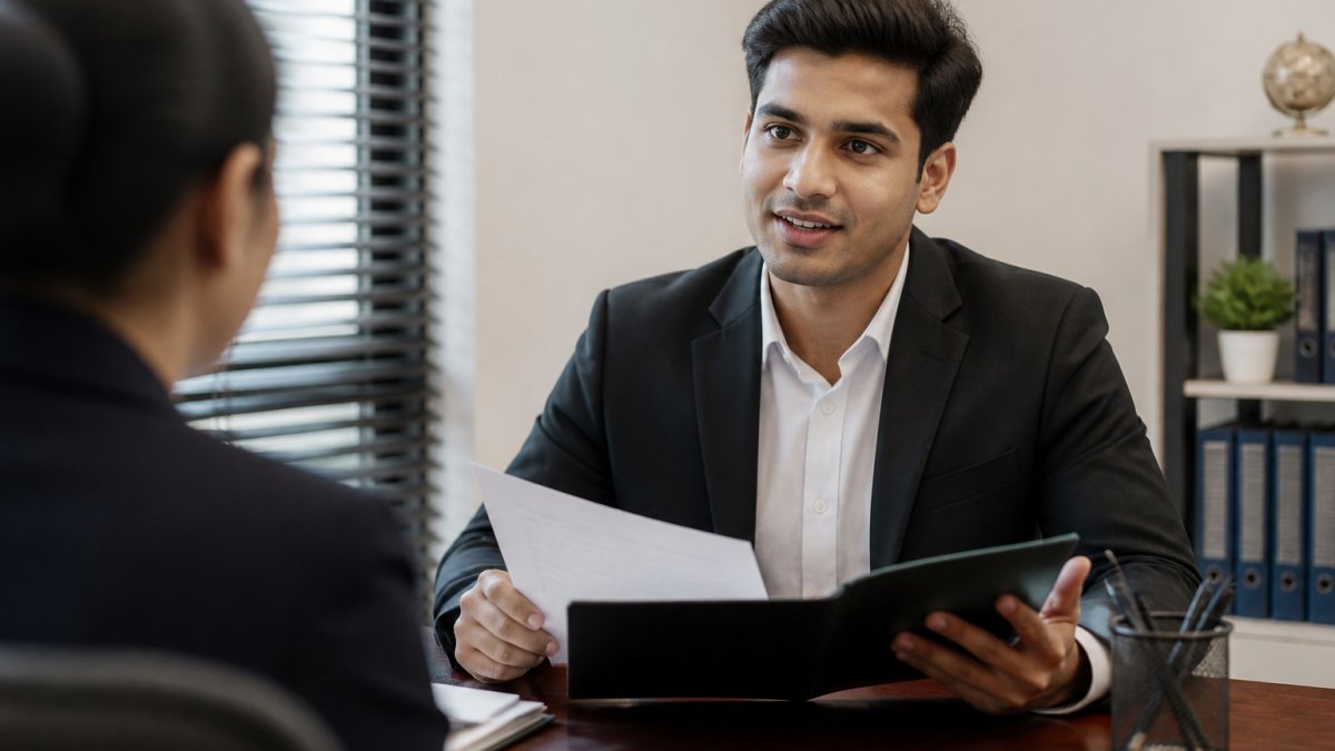Confident student discussing documents with an interviewer to meet student visa requirements in a formal office.