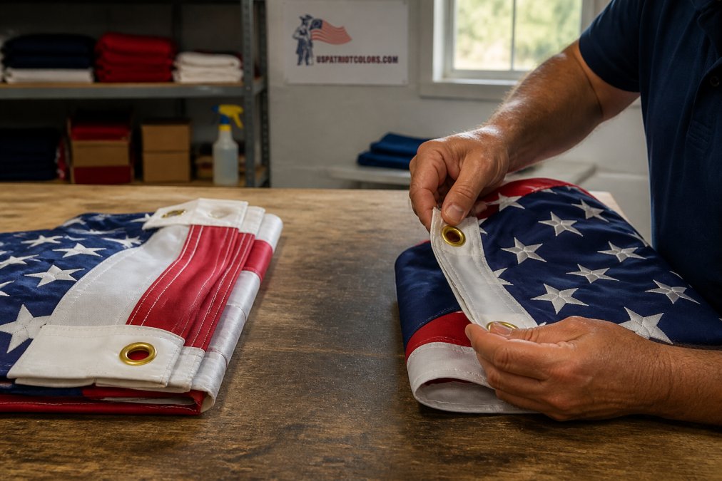 Custodian inspecting the stitched fly end and brass grommets of a nylon American flag, a durable usa flag co alternative.