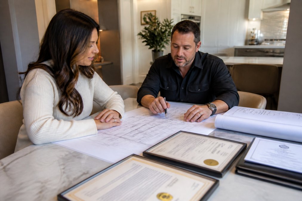 Homeowner and contractor reviewing blueprints and project plans at a consultation table with licensing documents and certifications visible, demonstrating professional vetting and credentials verification