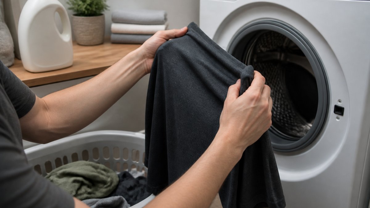 Close-up of hands turning a graphic t-shirt inside out before placing it into a washing machine, with a laundry basket and detergent visible in a bright home laundry room