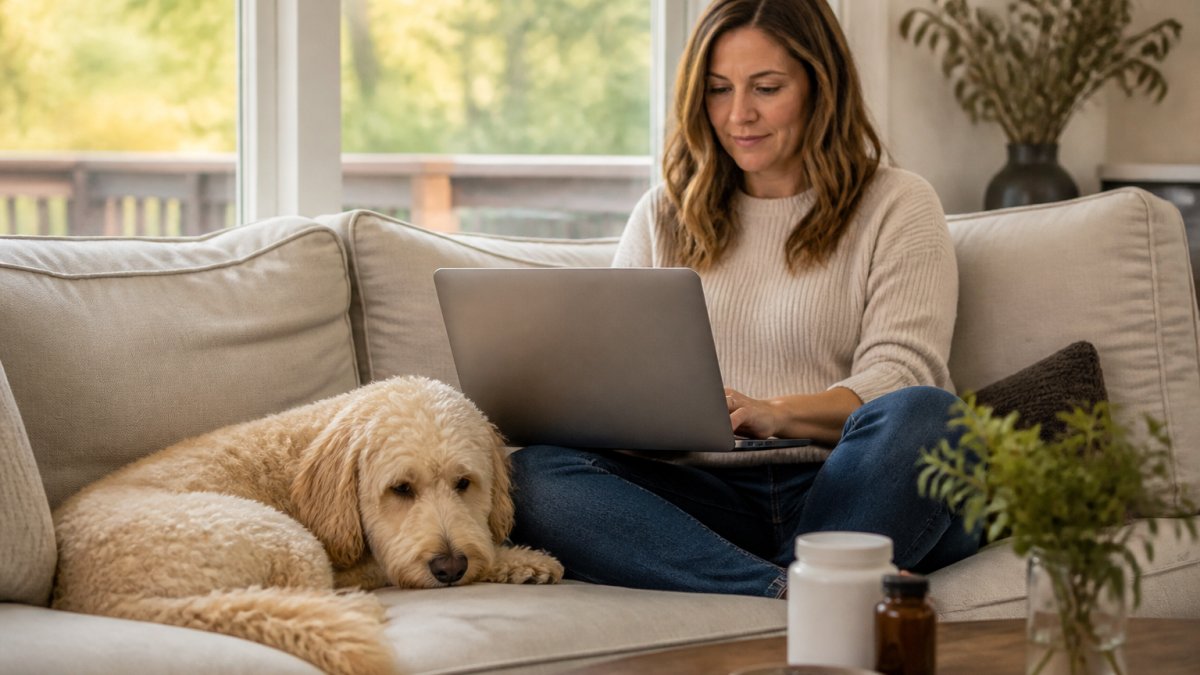 Dog owner browsing an online store on a laptop with a curly-haired doodle resting nearby on a sunny couch.