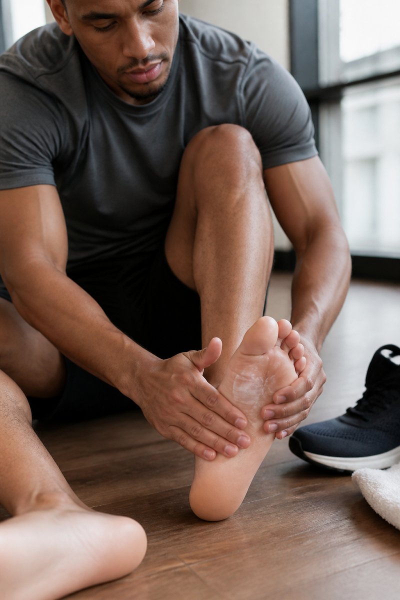Close-up of hands massaging rich moisturizing cream into clean, dry feet to improve skin absorption