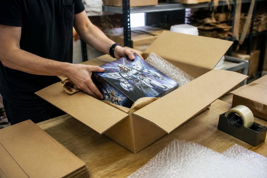 A person carefully packing a large Gunpla model kit box into a cardboard shipping box with bubble wrap and packing paper on a workbench, ensuring the box is protected for shipping