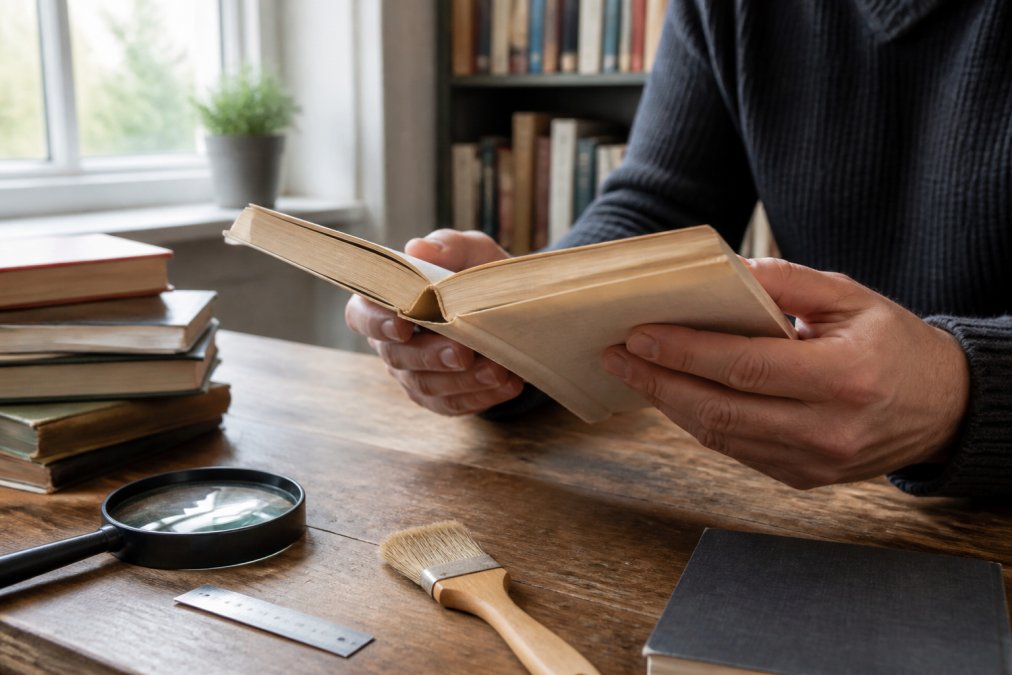 Nahaufnahme von Händen, die ein geöffnetes gebrauchtes Buch halten und den Buchrücken auf Falten und die Seiten auf Vergilbung untersuchen, wobei natürliches Fensterlicht die Gebrauchsspuren beleuchtet