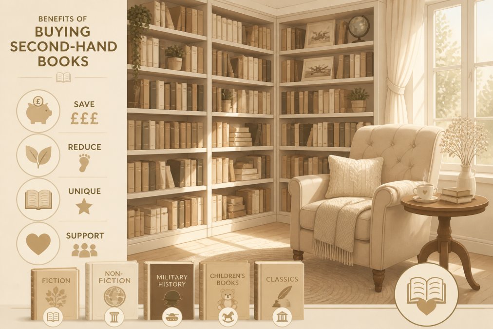 Warme, einladende Hausbibliothek mit raumhohen Regalen, die mit gebrauchten Büchern in verschiedenen Farben und Zuständen gefüllt sind, einem bequemen Lesesessel am Fenster mit natürlichem Sonnenlicht und einem kleinen Beistelltisch mit einer Tasse Tee