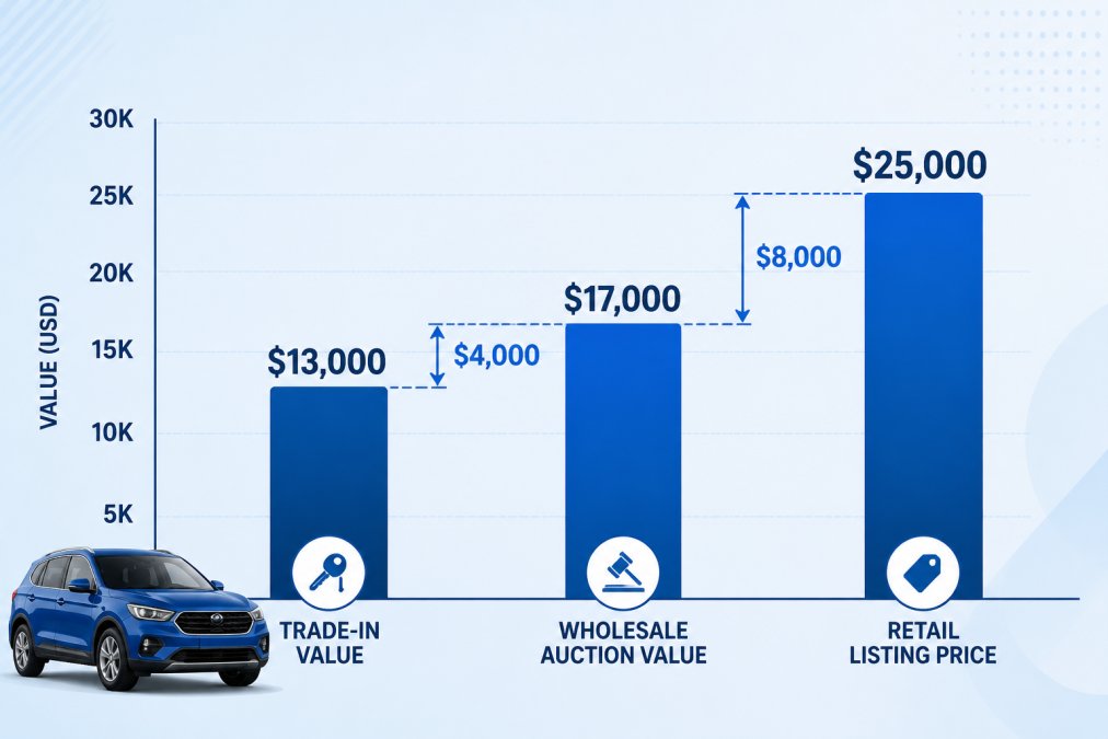 Bar chart comparing trade-in, wholesale, and retail price tiers for a used car appraisal.