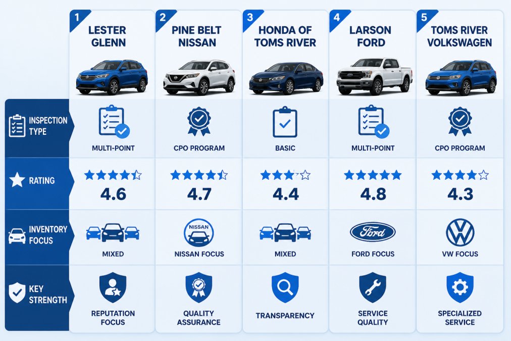 Comparison matrix showing 5 local dealers: Lester Glenn (multi-point inspection, 4.6 stars, mixed inventory, reputation focus), Pine Belt Nissan (CPO program, 4.7 stars, Nissan focus, quality assurance), Honda of Toms River (basic inspection, 4.4 stars, mixed inventory, transparency), Larson Ford (multi-point inspection, 4.8 stars, Ford focus, service quality), Toms River Volkswagen (CPO program, 4.3 stars, VW focus, specialized service)