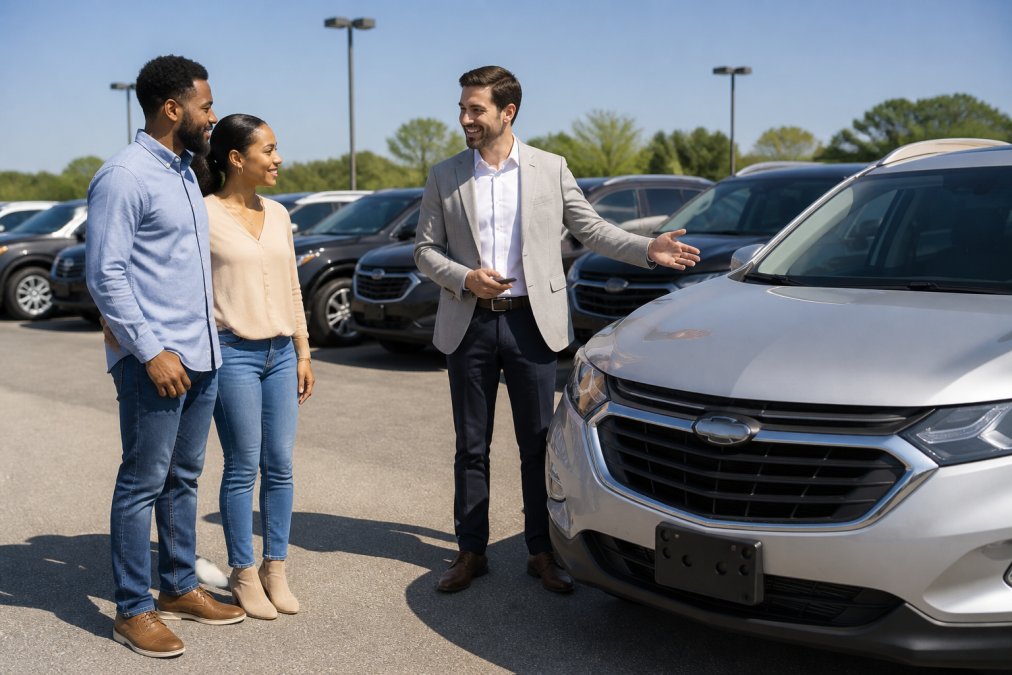 A friendly sales representative in business casual attire showing a silver pre-owned SUV to a young couple on a sunny dealership lot, with a row of clean used vehicles visible in the background and a clear blue sky overhead