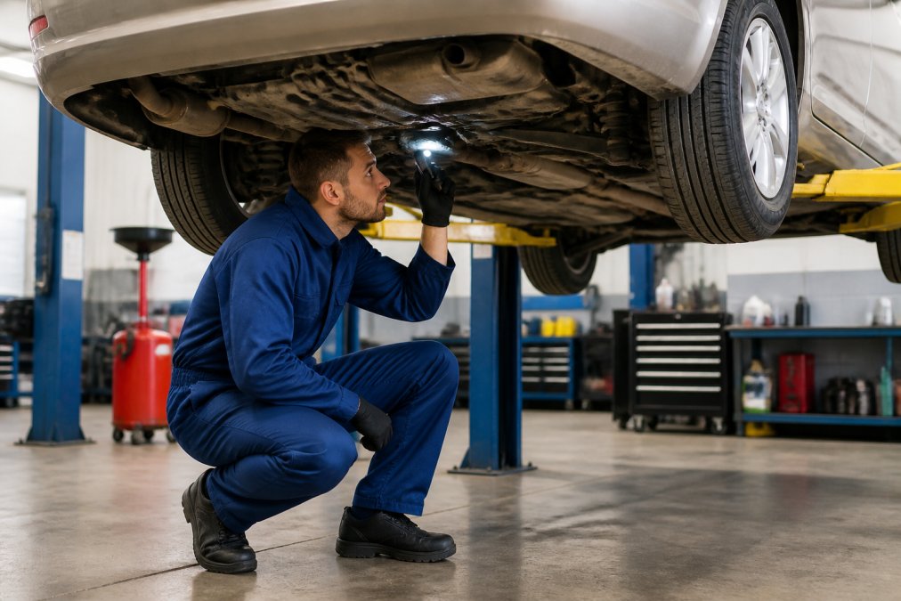 A mechanic in a blue uniform crouching beside a lifted used sedan on a hydraulic hoist inside a clean, well-lit auto service bay, examining the undercarriage with a flashlight during a pre-purchase inspection