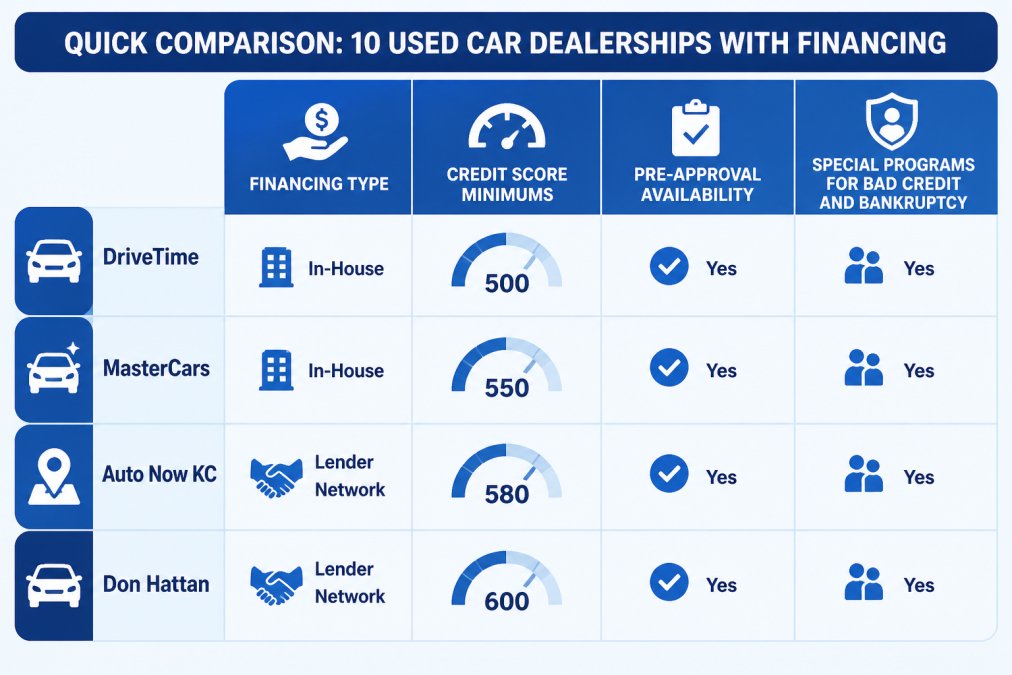 Feature comparison matrix of 10 used car dealerships with financing: rows for DriveTime, MasterCars, Auto Now KC, Don Hattan; columns for financing type (in-house vs. lender network), credit score minimums, pre-approval availability, and special programs for bad credit and bankruptcy