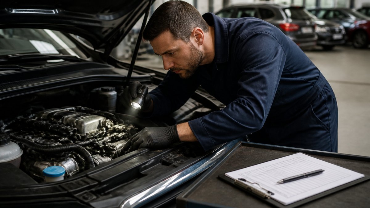 Professional mechanic in uniform examining engine bay of used vehicle, using flashlight to inspect components, with inspection clipboard and pen on workbench nearby
