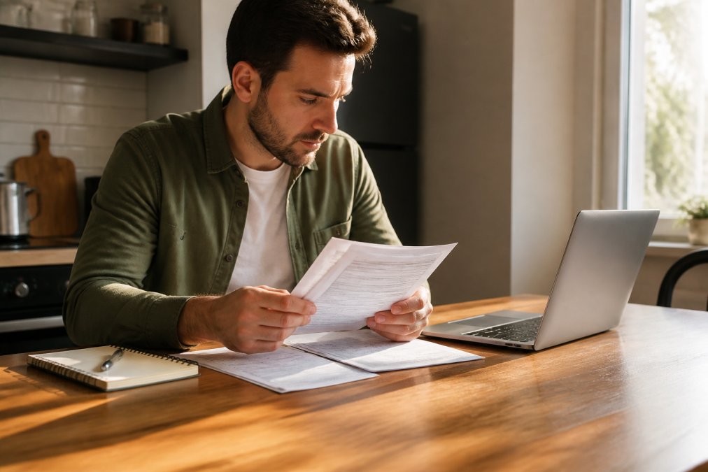A person sitting at a kitchen table reviewing financial documents and a credit report on a laptop, with a pen and notepad nearby, in warm afternoon light