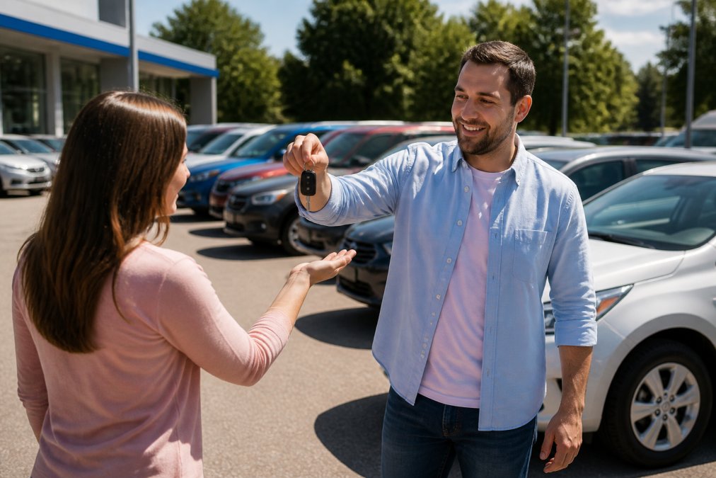 A smiling adult handing car keys to another person in a bright dealership lot with a row of used vehicles visible in the background, both people in casual clothing