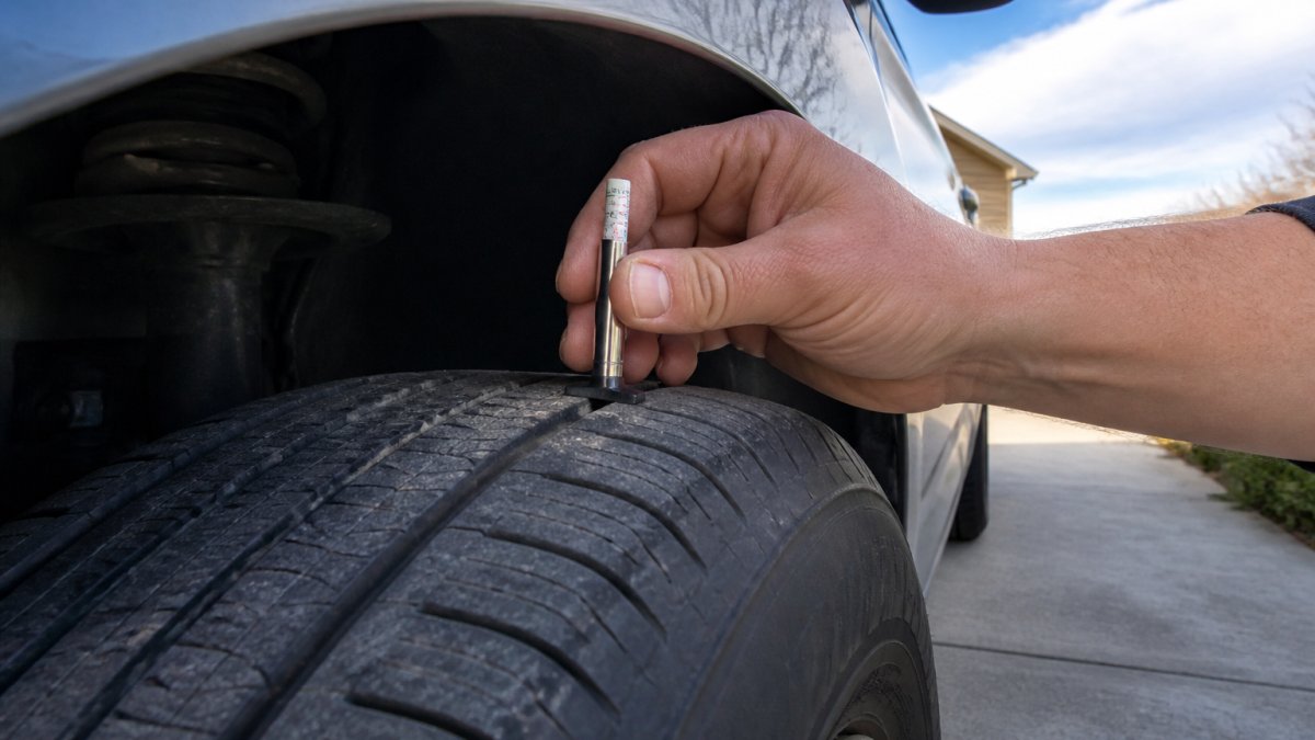 Close-up of a person's hand using a tire tread depth gauge on a used car tire, with the car parked on a driveway and natural daylight