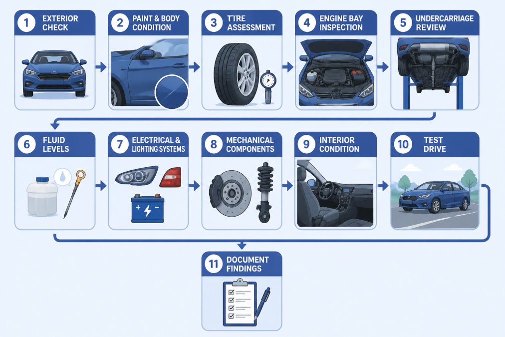 Flowchart outlining the step-by-step used car inspection checklist process from exterior to test drive.