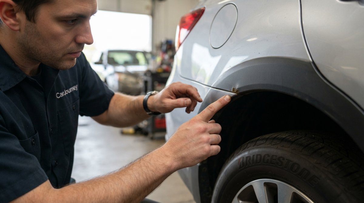Close-up of a person's hands carefully inspecting a car's exterior panel, checking for mismatched paint, dents, and rust spots near the wheel well in bright daylight
