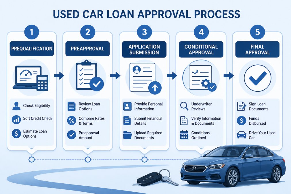 Flowchart showing five stages of used car loan approval: prequalification, preapproval, application submission, conditional approval, final approval, with key actions at each stage