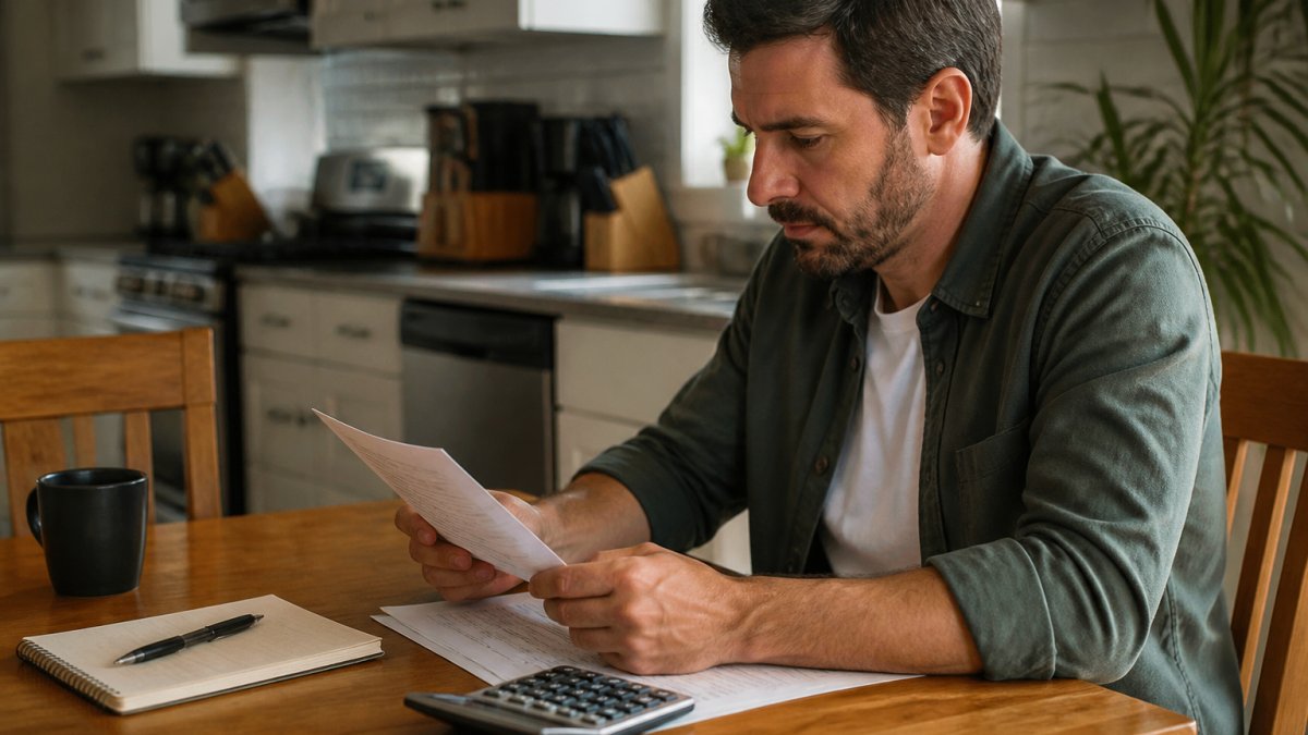 Professional reviewing credit report on laptop at home with calculator and notebook nearby, looking focused and informed