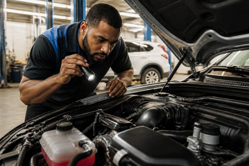 A person using a flashlight to inspect the engine bay of a used car in a well-lit garage, checking fluid levels and belts