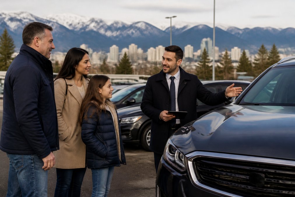 Infographic comparing Vancouver used car market trends with a family viewing vehicles at a dealership lot