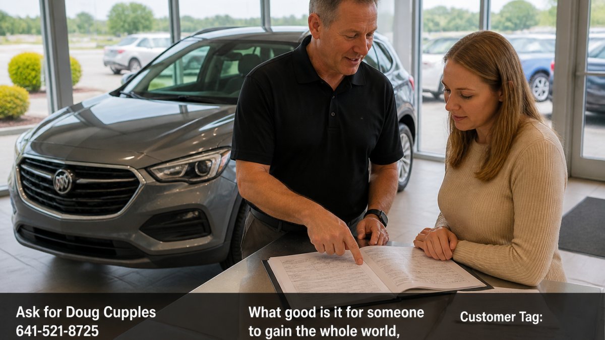 Salesperson and customer reviewing used car mileage and service records at a dealership desk
