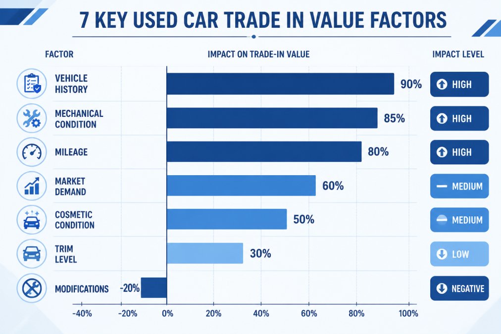 Horizontal bar chart ranking the 7 trade-in factors by impact: Vehicle History (High), Mechanical Condition (High), Mileage (High), Market Demand (Medium), Cosmetic Condition (Medium), Trim Level (Low), Modifications (Negative)